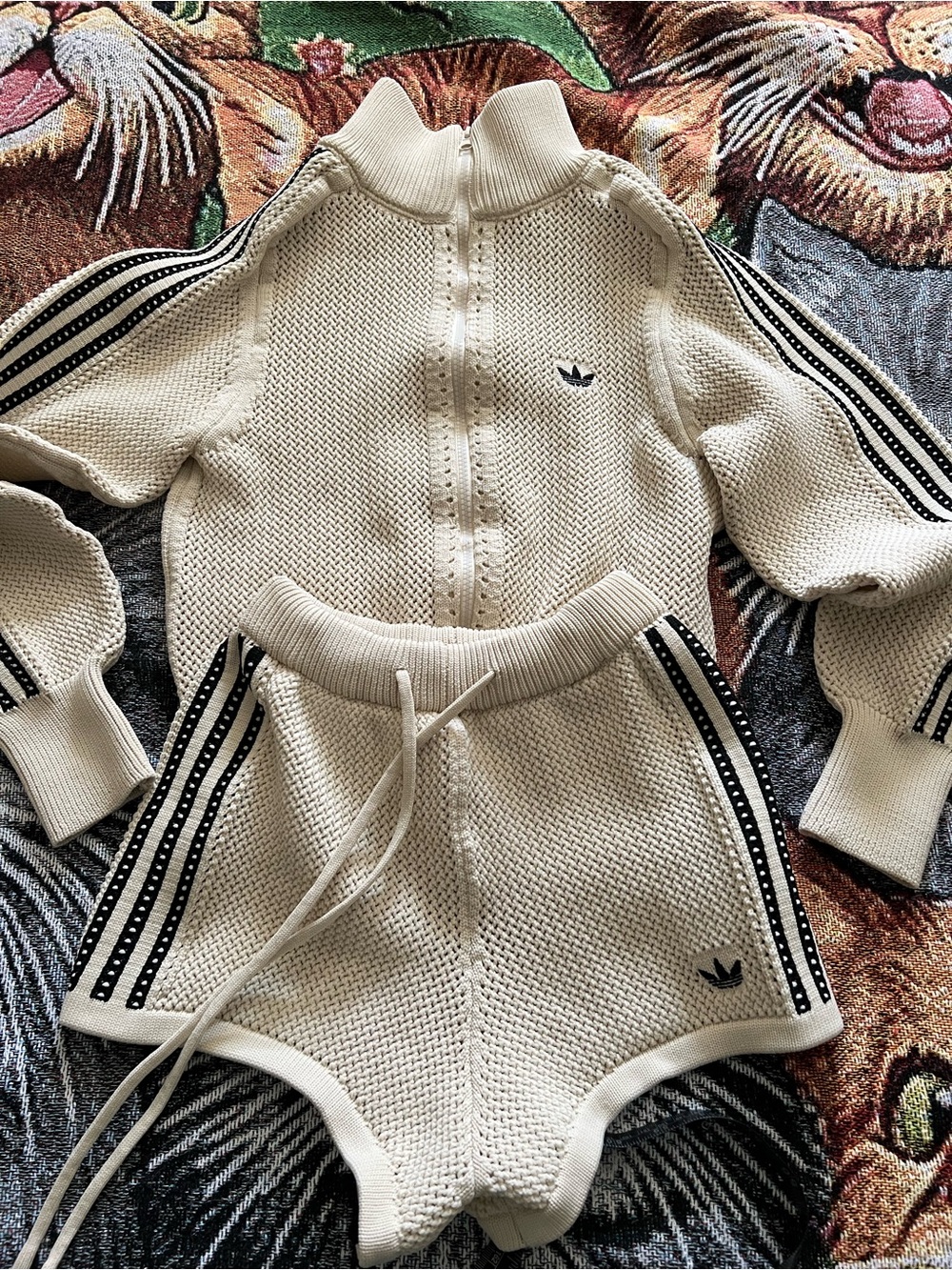 Adidas Cream Knit Zip Jacket & Shorts Set (Rare)